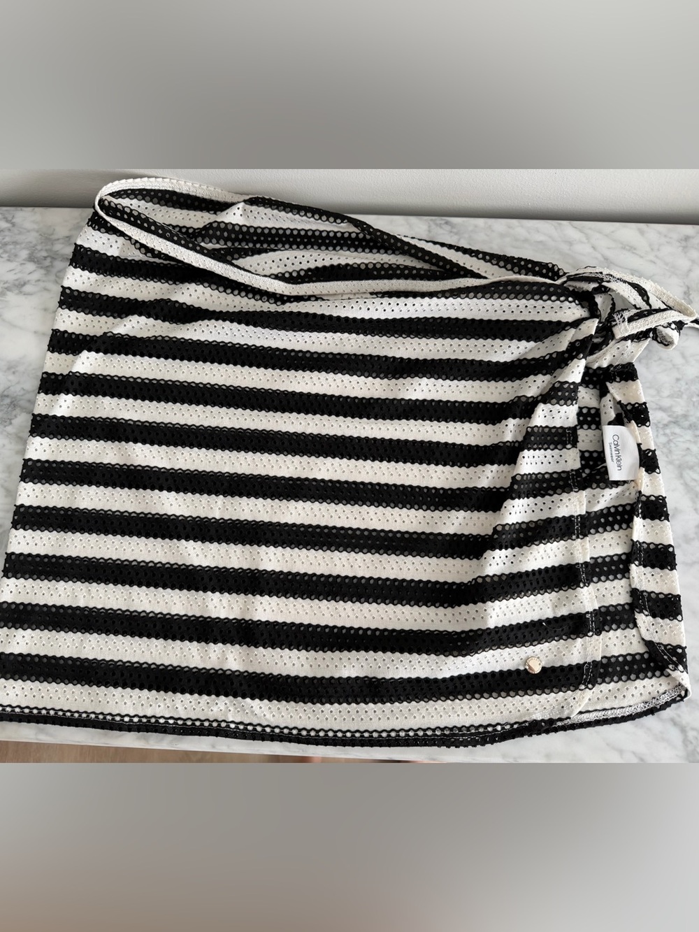 Calvin Klein Black and White Striped mesh bathing suit  cover up skirt NWOT